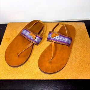 Feelgoodz Tan Vegan Leather Sandals Women's 9 Shimmery Purple Strap Back Strap